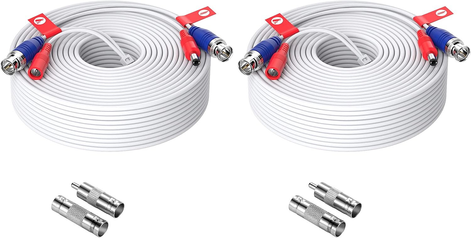 ZOSI 2 Pack 100ft (30 Meters) 2-in-1 Video Power Cable, BNC Extension Surveillance Camera Cables for Video Security Systems (Included 2X BNC Connectors and 2X RCA Adapters)-White Color