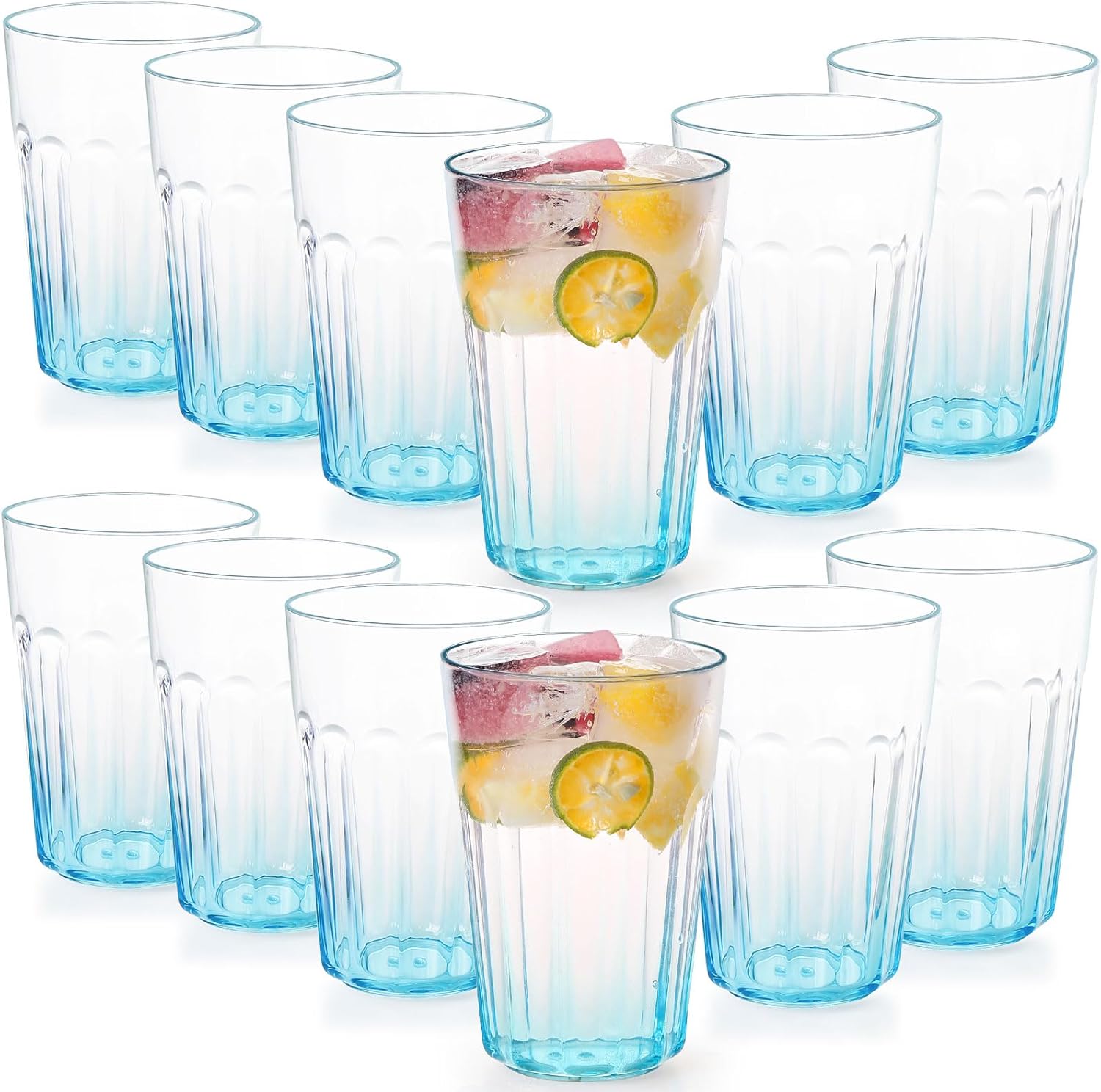 Ribbed Drinking Water Glasses - Reusable Unbreakable AS Plastic Wine Glasses Cold Water Milk Tea Cups Tumbler Mugs for Party,Picnic,Camping, Stackable - 12oz, Set of 12