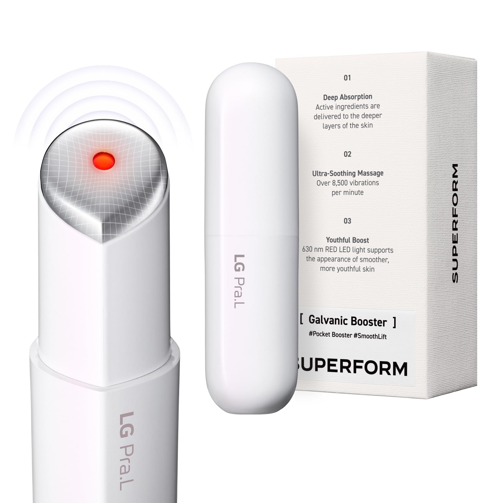 LG Pra.L Superform Galvanic Booster Mystic White, 1min booster for ageless skin, anti-aging, Korean skincare, Glow on the go, Serum booster device,