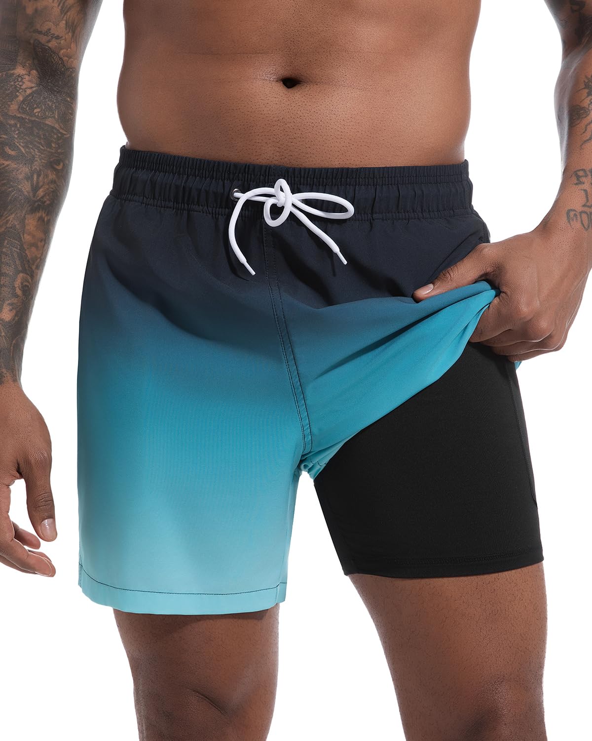 SILKWORLD Mens Swimming Trunks with Compression Liner and Zipper Pockets