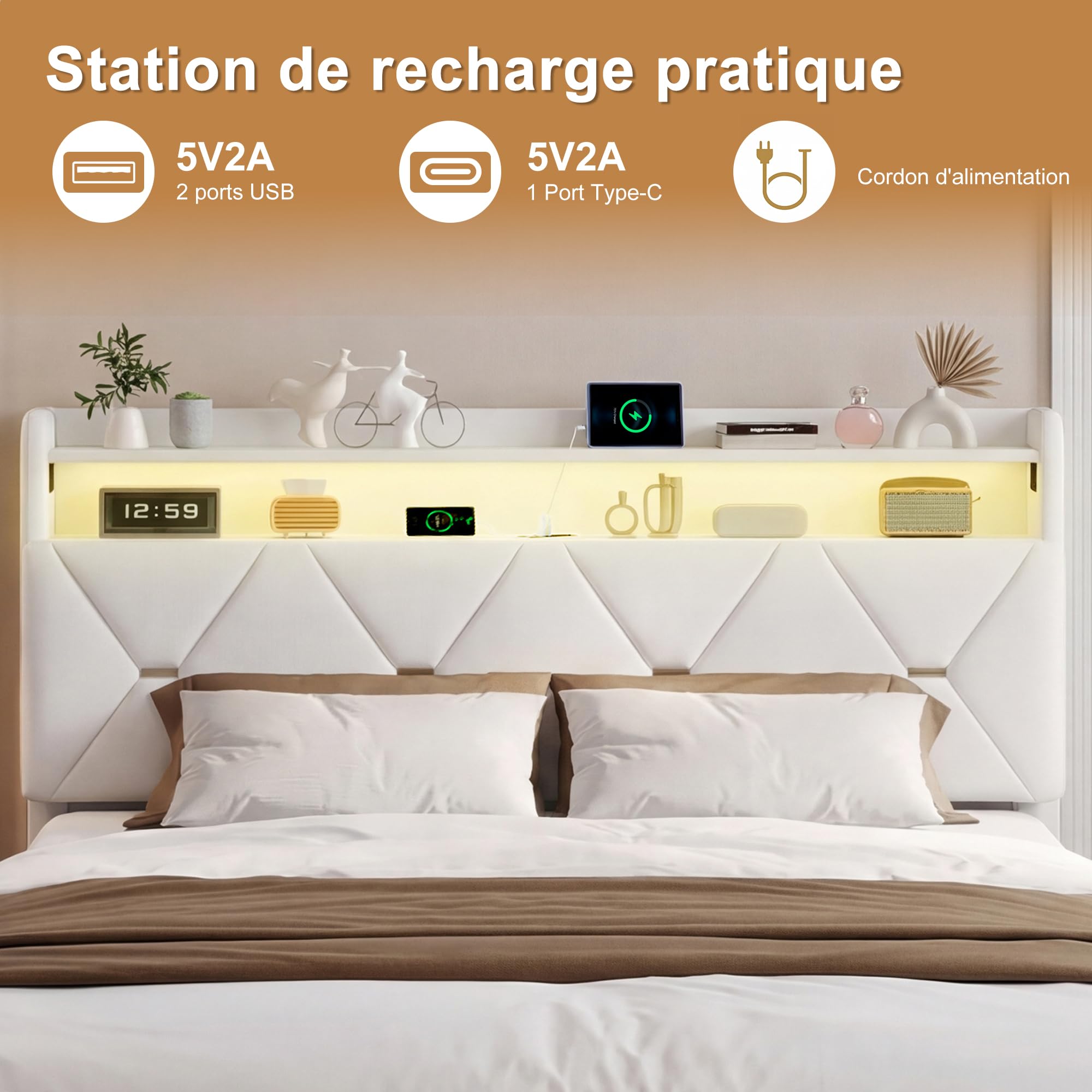 Bett mit Stauraum 160x200 mit LED-Beleuchtung und USB, gepolstertes Doppelbett mit Stauraumfach, Bettgestell mit Lattenrost und Kopfteil, Samt, Beige (Beige/6, 160x200)