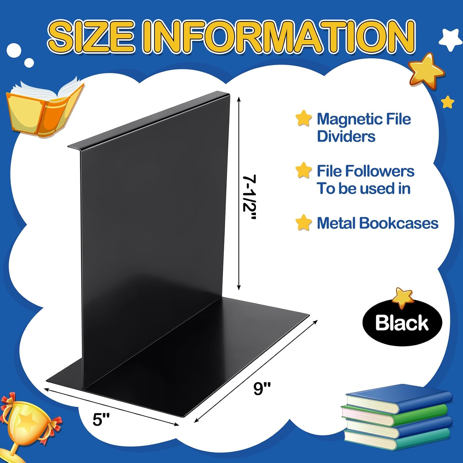 Magnetic File Dividers Heavy Duty Metal Magnetic File Followers 7-1/2" High 9" Wide 5" Base, Black Magnetic File Divider Bookends for Metal Boxes File Organizer Cabinets Bookcases