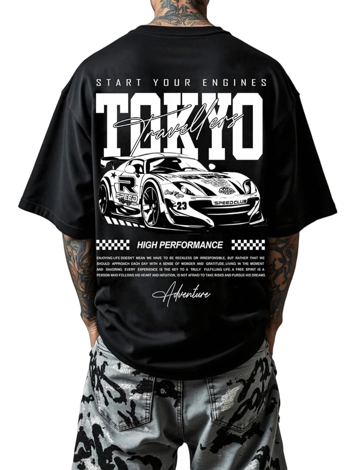 SXV STYLE Men’s Street Racing Tokyo Drift Slogan Print Loose Fit Oversized Drop Shoulder Black T-Shirt