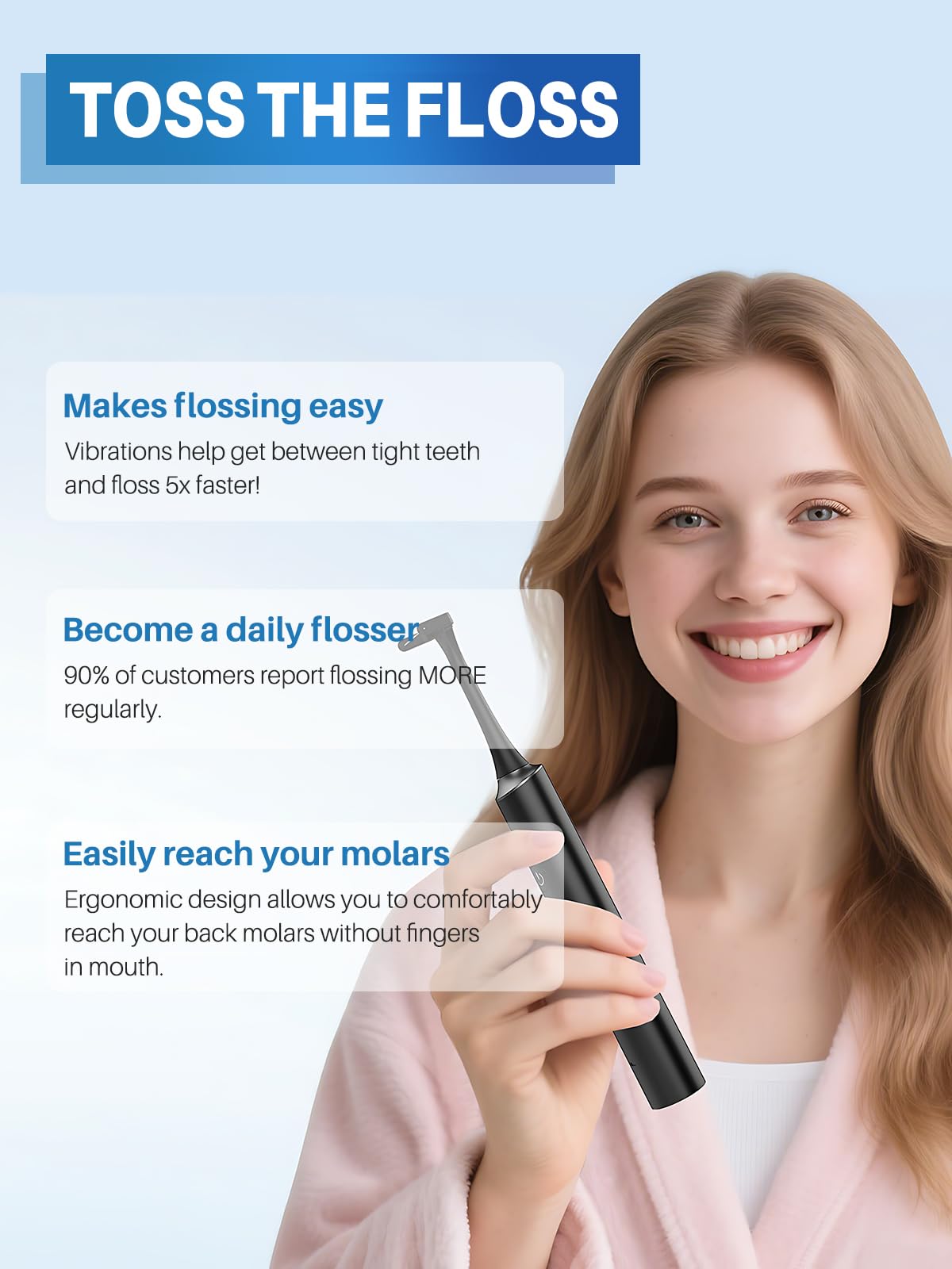 Voraiya Hilo dental eléctrico para dientes, reutilizable, con 50 cabezales de repuesto, recomendado por dentistas, alternativa al irrigador dental de agua, púas de hilo dental recargables para adultos