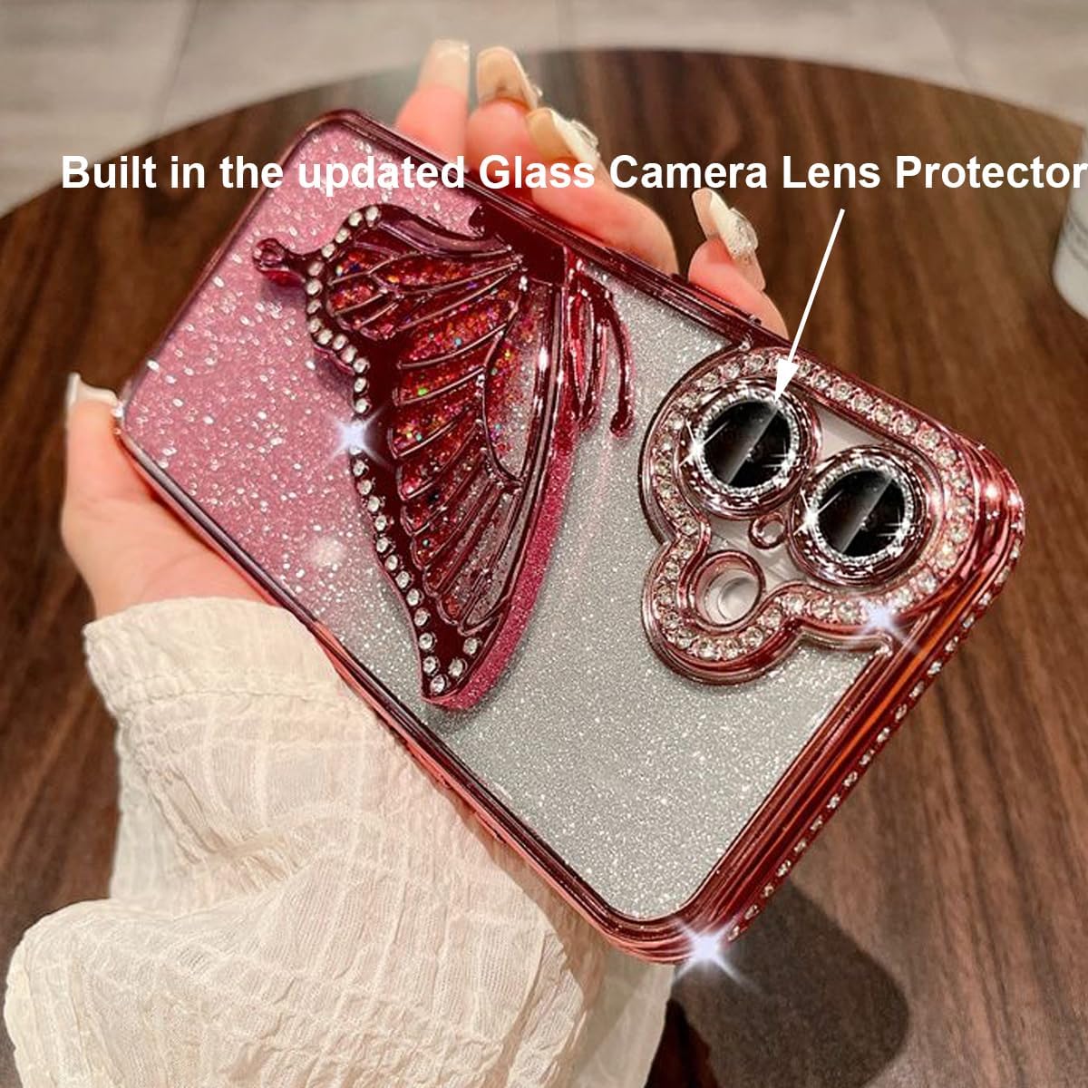 for iPhone 15 Plus Glitter 3D Butterfly Case,Cute Luxury Bling Sparkly Diamond Rhinestones Liquid Flowing Case with Camera Protector TPU Bumper Women Girls Case for iPhone 15 Plus 6.7", Pink - Image 3