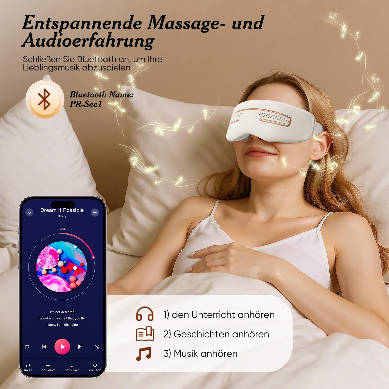 Augenmassagegerät mit Heiß und Kältetherapie, migräne kühlmaske mit Massage und Bluetoothe, Augen Massagegerät Augenmaske für strapazierte/trockenen Augen/Augenringe,Geschenke für Männer Frauen