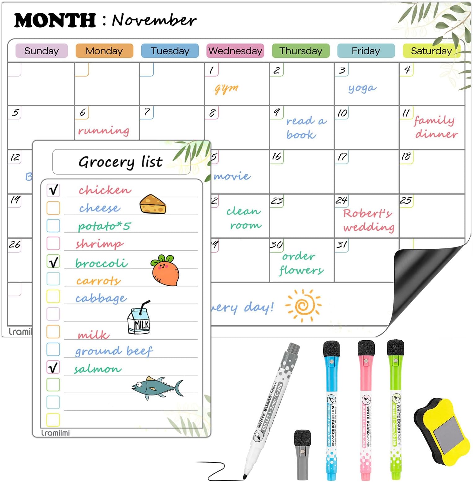 Magnetic Dry Erase Calendar for Refrigerator, New Fridge Calendar Dry Erase, 2 Pack Monthly & Daily Planner Magnet Whiteboard for Fridge with 4 Markers and Large Eraser 14.5x11