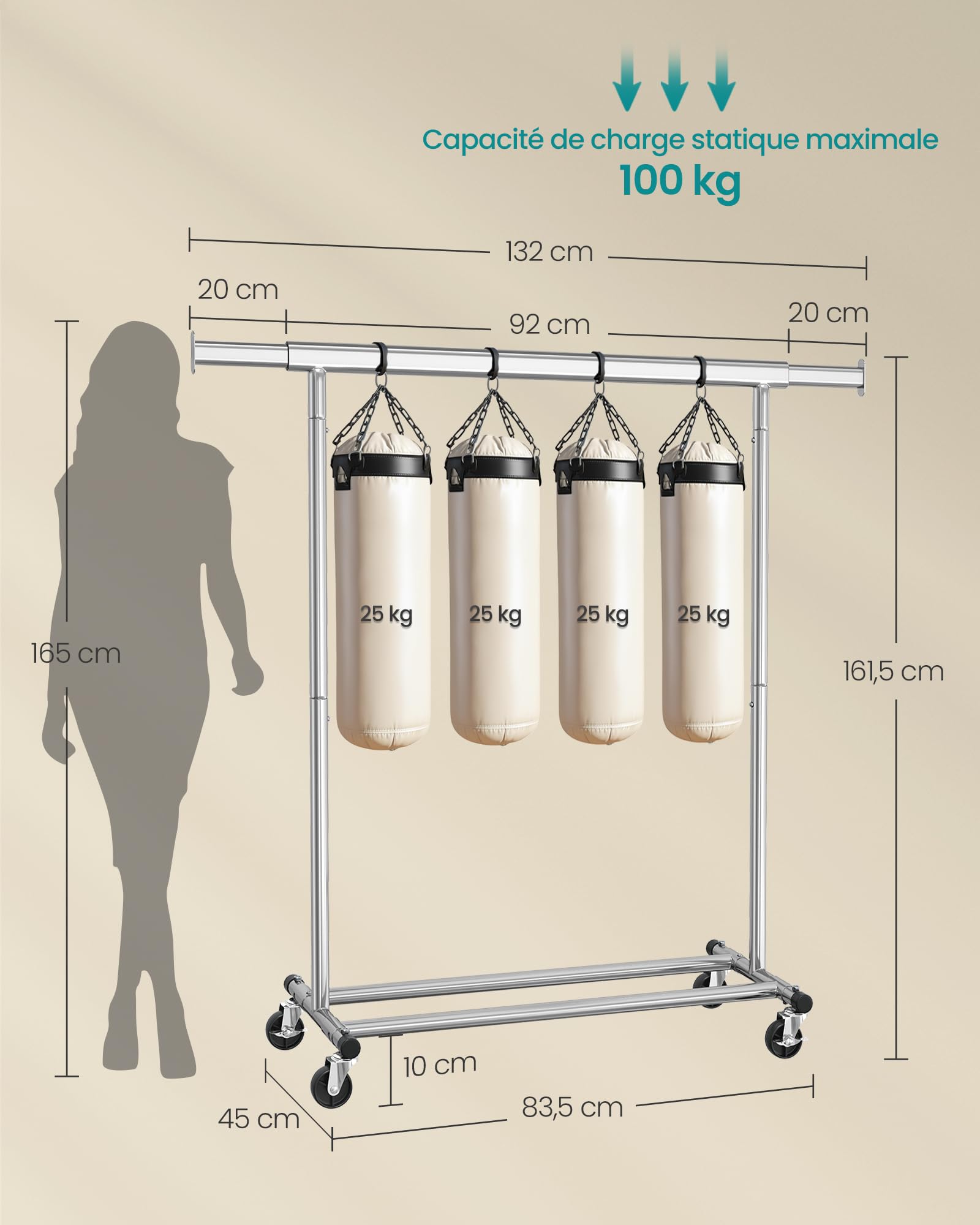 SONGMICS Portant à Vêtements avec Roulettes, Tringle Extensible pour Charge Lourde, Porte-manteau, Capacité de Charge 100 kg, 45 x (92-132) x 161,5 cm, Montage Facile, Argent HSR13S