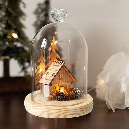 Miniatura 6 de PATIKIL Cúpula de cristal de 5.1 x 3.9 pulgadas, vitrina de cristal transparente, centro de mesa con base de madera para plantas de luz LED,