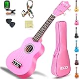 iECO Soprano Ukulele Beginner Kit for Kids Adults 21 Inch Ukelele w/Case Strap Tuner Strings Picks (Pink)