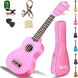 iECO Soprano Ukulele Beginner Kit for Kids Adults 21 Inch Ukelele w&sol;Case Strap Tuner Strings Picks &lpar;Pink&rpar;
