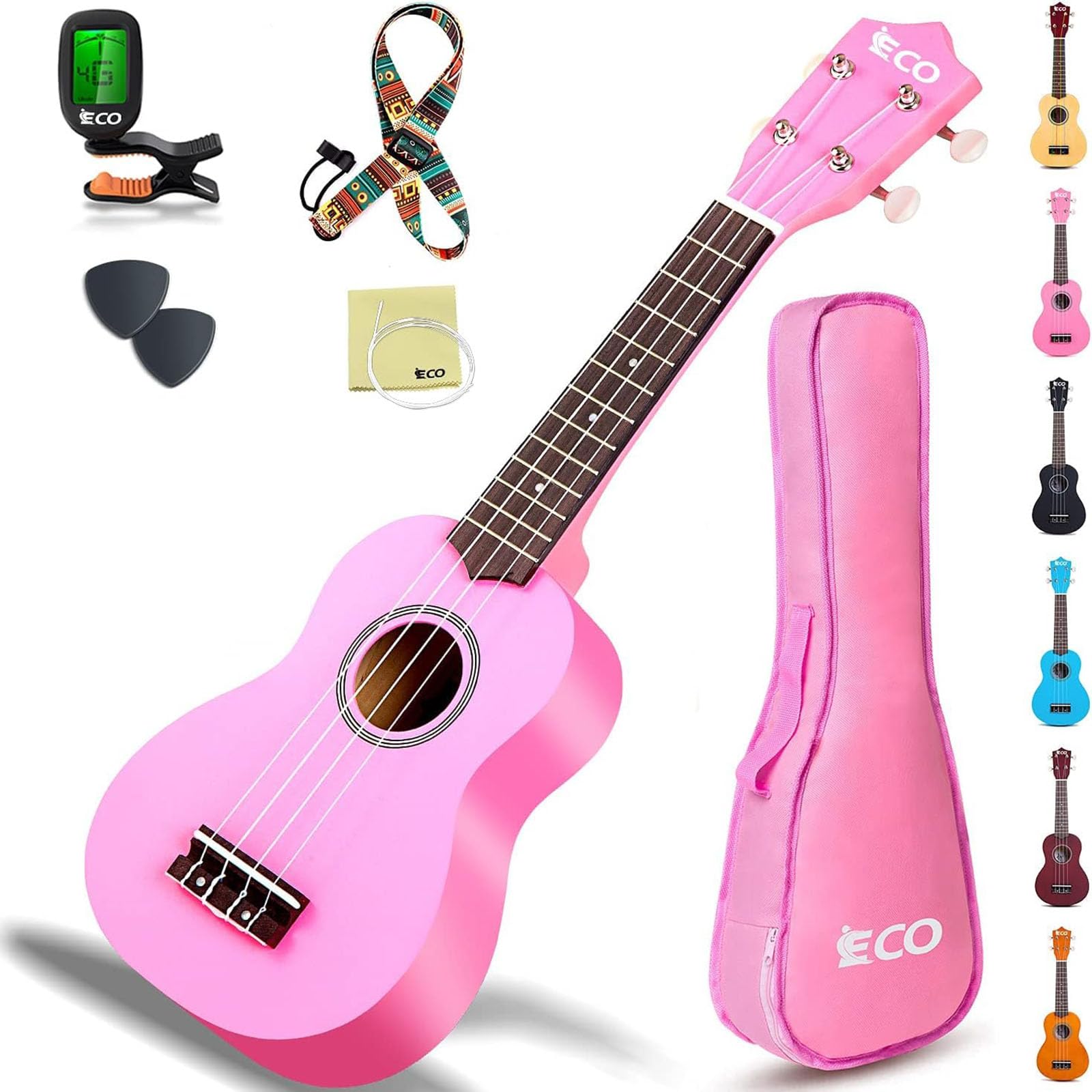 iECO Soprano Ukulele Beginner Kit - 21 Inch Ukulele for Kids Adults with Gig Bag, Picks, Tuner, Strap, Extra Strings (Pink)