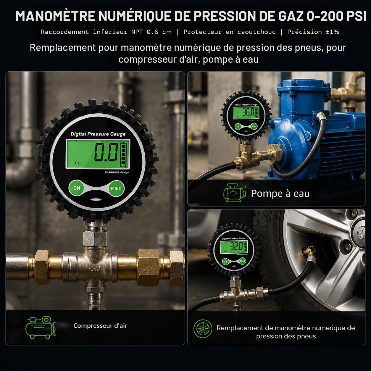Uharbour Manomètre Numérique 0-200 PSI – Testeur Pression Pneu Certifié avec Précision ±1% et Protection Caoutchouc – Manomètre Pression Pneu pour Auto, Poids Lourd, Air Comprimé et Compresseur