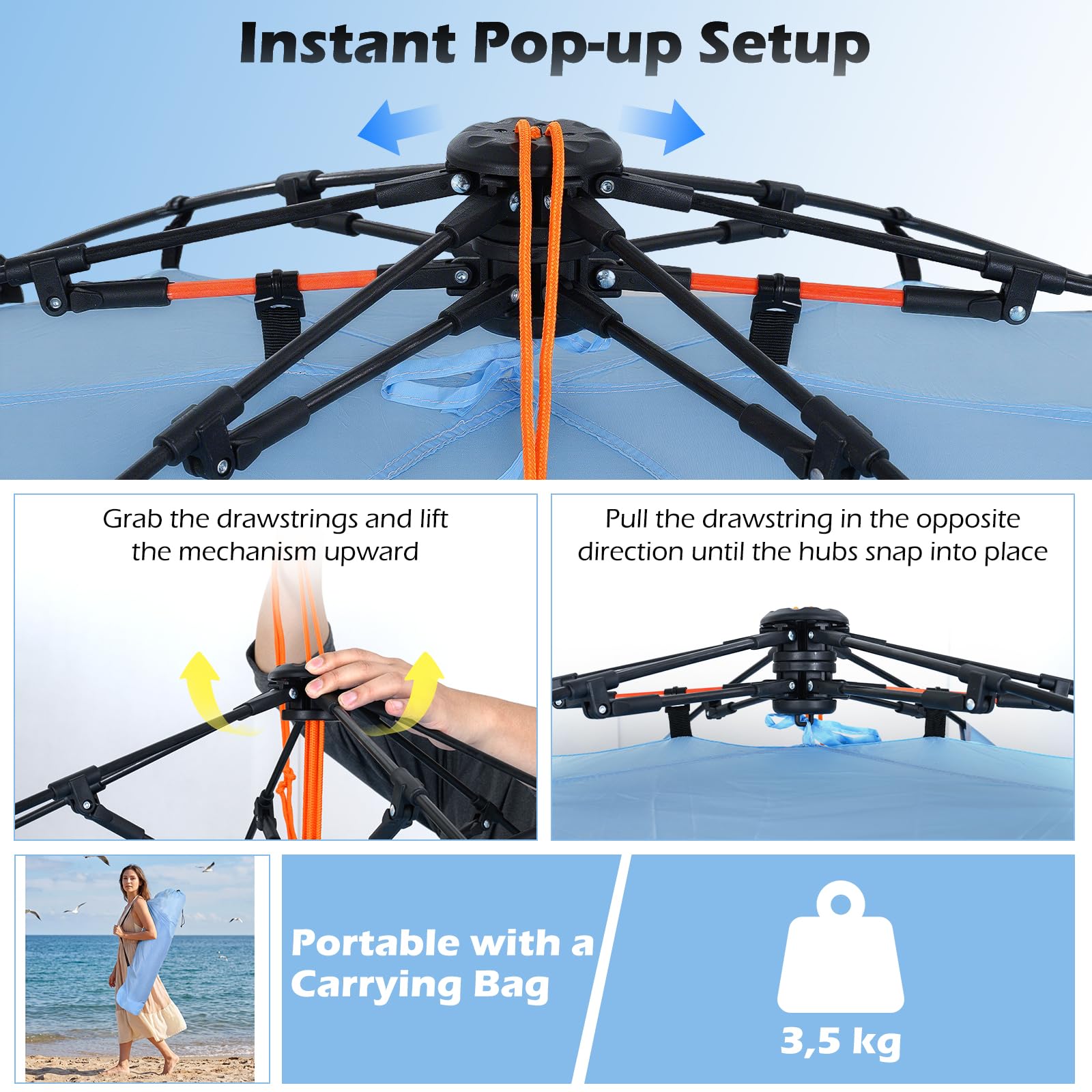 FANTASK Quick Up Tente de Plage pour 3 à 4 Personnes avec Porte zippée et 4 fenêtres en Maille, Protection V 50+, Tente Solaire avec Sac de Transport, piquets et 3 Sacs de Sable, pour Camping