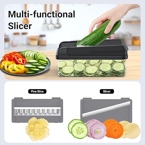 Miniatura 6 de Picador de verduras 12 en 1, utensilios de cocina con 7 cuchillas, verduras, alimentos, picador de cebolla, rebanador de pepino, mandolina versátil,