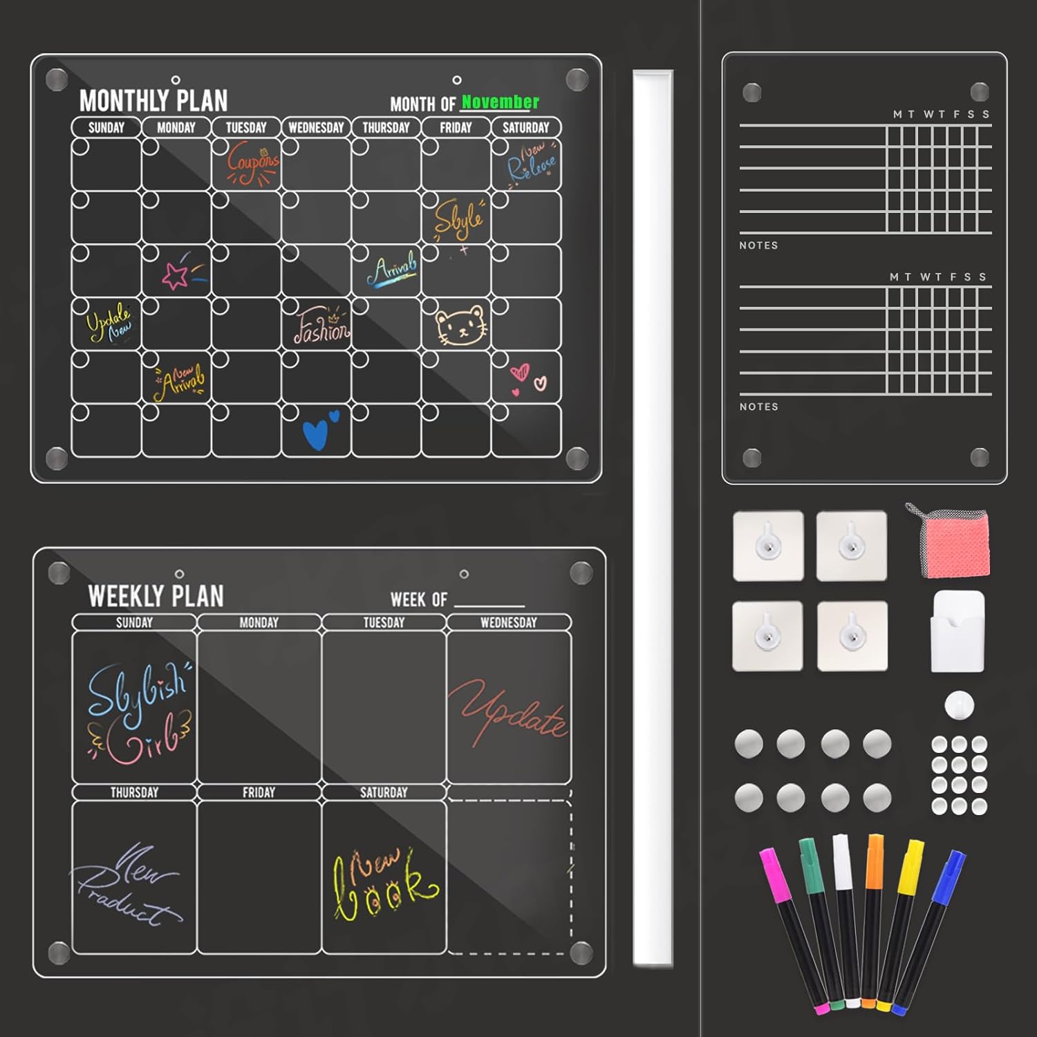 Homyaco 3pcs Acrylic Fridge Calendar, Monthly and Weekly Meal