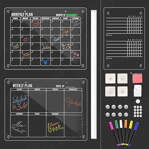 Homyaco - Pizarra magnética de borrado en seco para nevera calendario sin uñas para refrigerador y pared juego de 2 marcadores transparentes