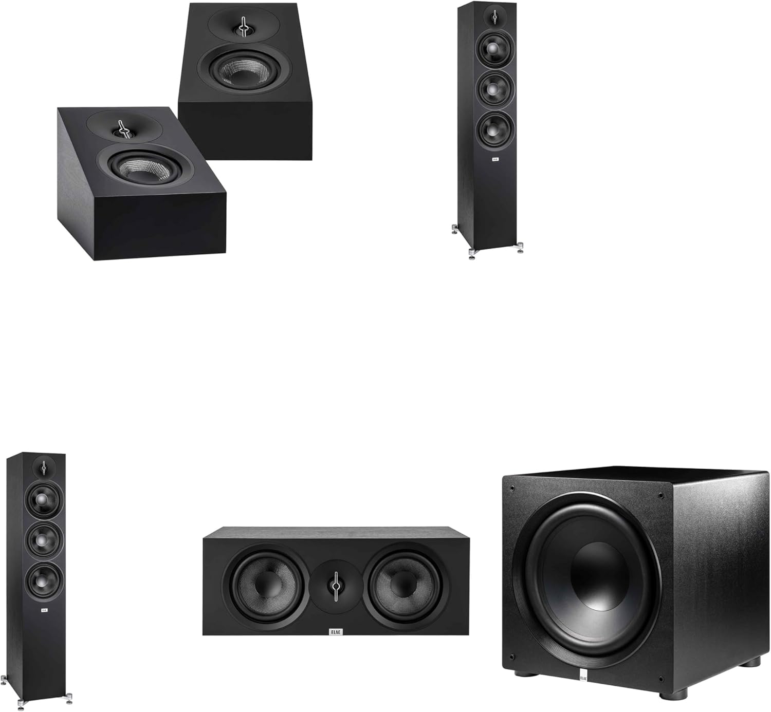 ELAC DF63-BK - Debut 3.0 6.5" Floor Speaker - Black (Pair), DA43-BK Debut 3.0 - DA43-BK Atmos/On Wall Speaker, PS500 Subwoofer DC63 Center Channel