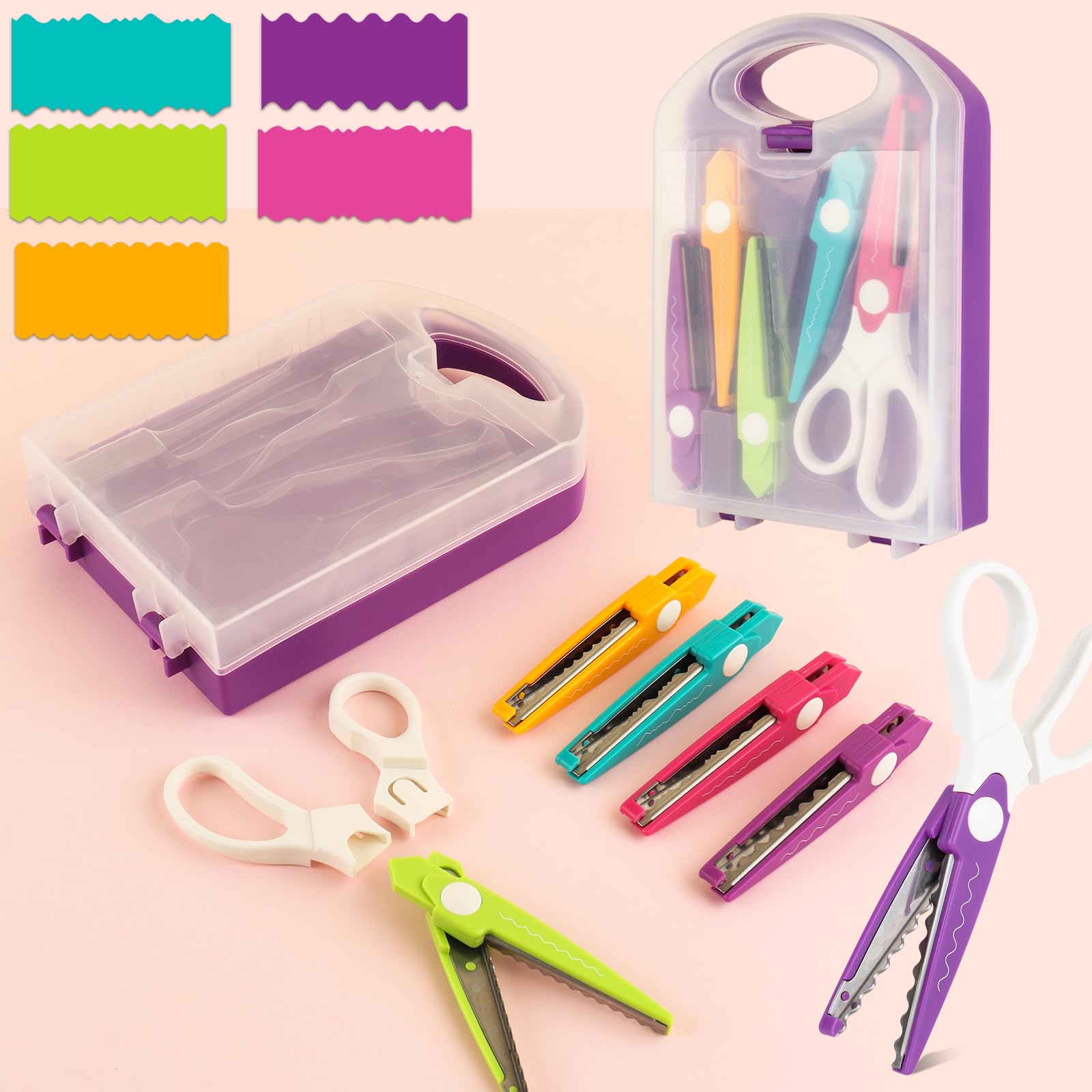 6Pcs/Set Craft Scissors Decorative Paper Edge Scissors with Storage Box Set, 5 Kinds Zig Zag Edges Scissors Great for DIY Projects Paper Card,Photo, Scrapbook,Office School Home Manual (Violet)