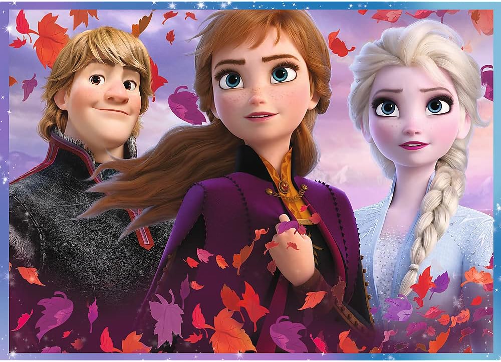 Assembled 54-piece puzzle featuring Kristoff, Anna, and Elsa from Frozen 2.