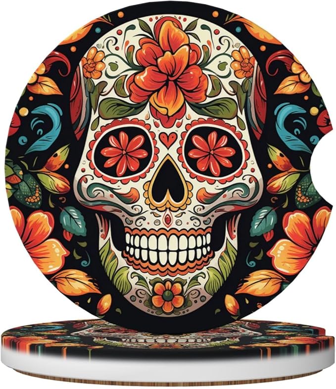 2 Pack Ceramics Car Cup Coaster Colorful Sugar Skull Automotive Cup Holders Coasters Non-Slip Absorbent Auto Cup Pads Universal Car Interior Accessories for Women Men Cup Mat 2.56 Inch