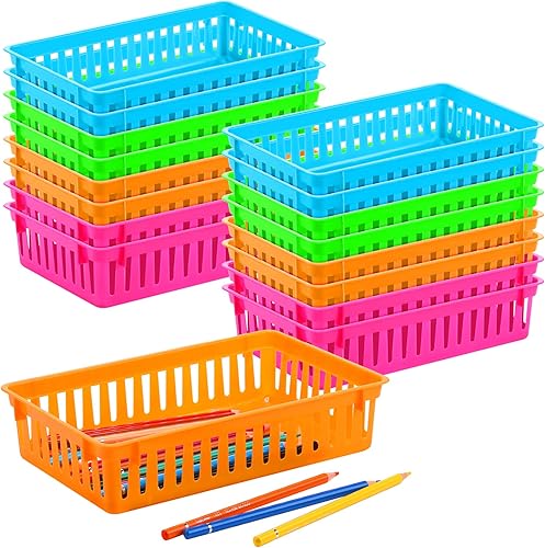 Cestas de almacenamiento para el aula, 16 unidades, cajas de plástico para lápices, bandejas de almacenamiento para bibliotecas, cajones de