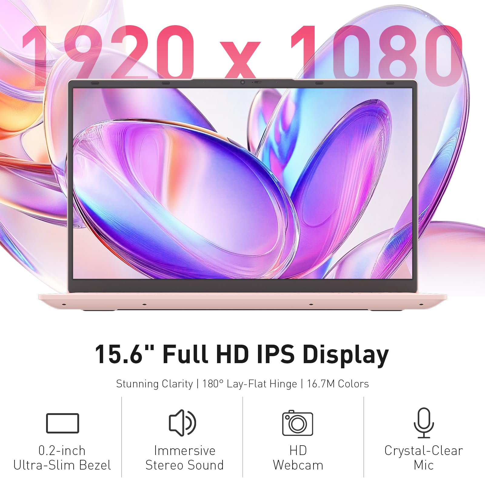 Auusda 15.6" FHD Laptop for Students & Work, 16GB Dual RAM, 512GB SSD, Backlit Keyboard, Fingerprint Sensor, Pro System, Dual core Processor, Full-featured USB C, USB 3.0/2.0, HDMI, Pink — view 5