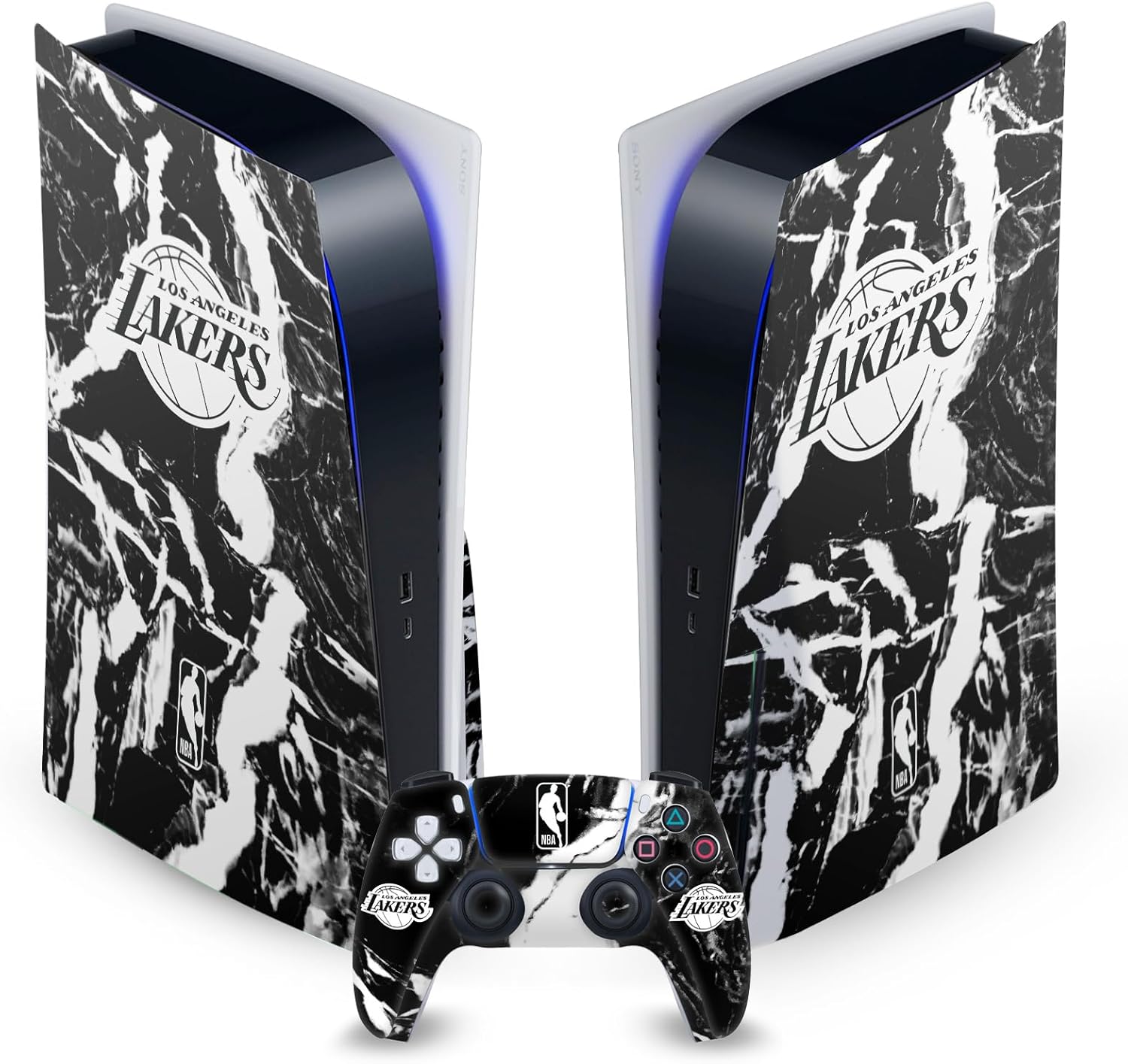 Head Case Designs Officially Licensed NBA Black Marble Los Angeles Lakers Vinyl Faceplate Sticker Gaming Skin Decal Compatible with Sony PlayStation 5 PS5 Disc Edition Console & DualSense Controller