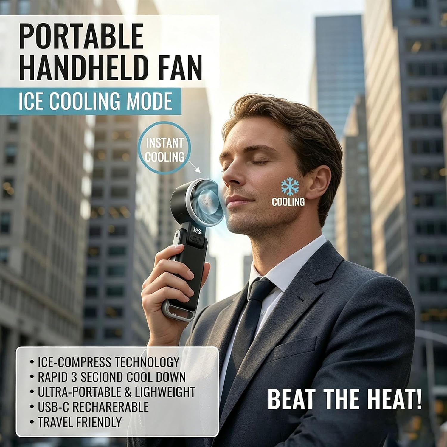 Portable Rechargeable Handheld Fan, 5-Speed Turbo Mini Fan, Instant 60°F Ice Cooling, 10m/s Strong Wind, 13H Battery & Type-C Charging, 3-in-1 Foldable Fan for Camping Beach Hiking & Travel (Black)