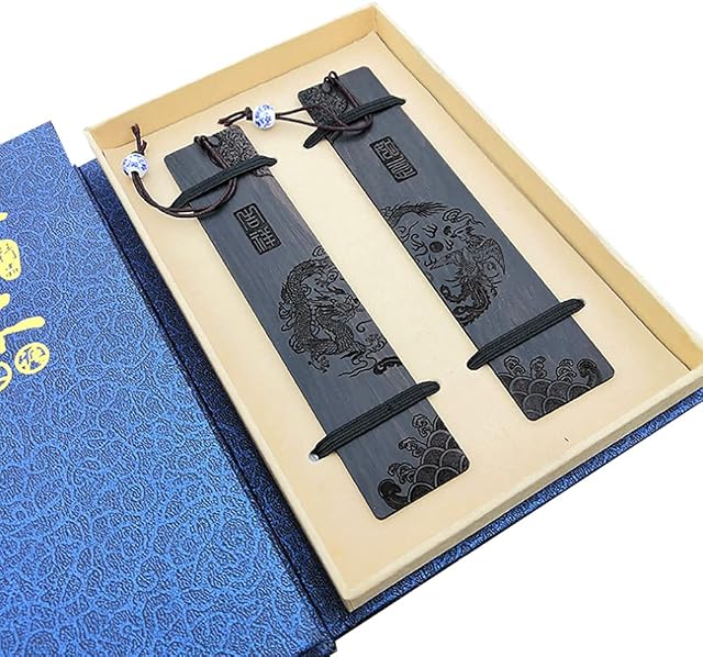 Handmade Wooden Bookmark Gift Box Set, Bookmark with Blue and White Porcelain Pendant,Wooden Craft Bookmark, Christmas Gift for Teachers, Students, Reader, Graduation, Men and Women.