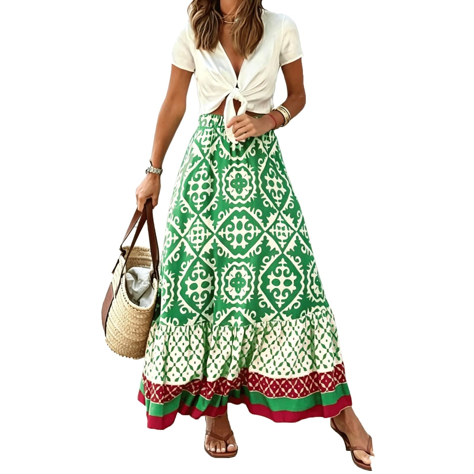 UYHBCNQD Printed Midi Long Skirt Full Women's Maxi Skirts High Elastic Waisted(Gr�n,Lagre)