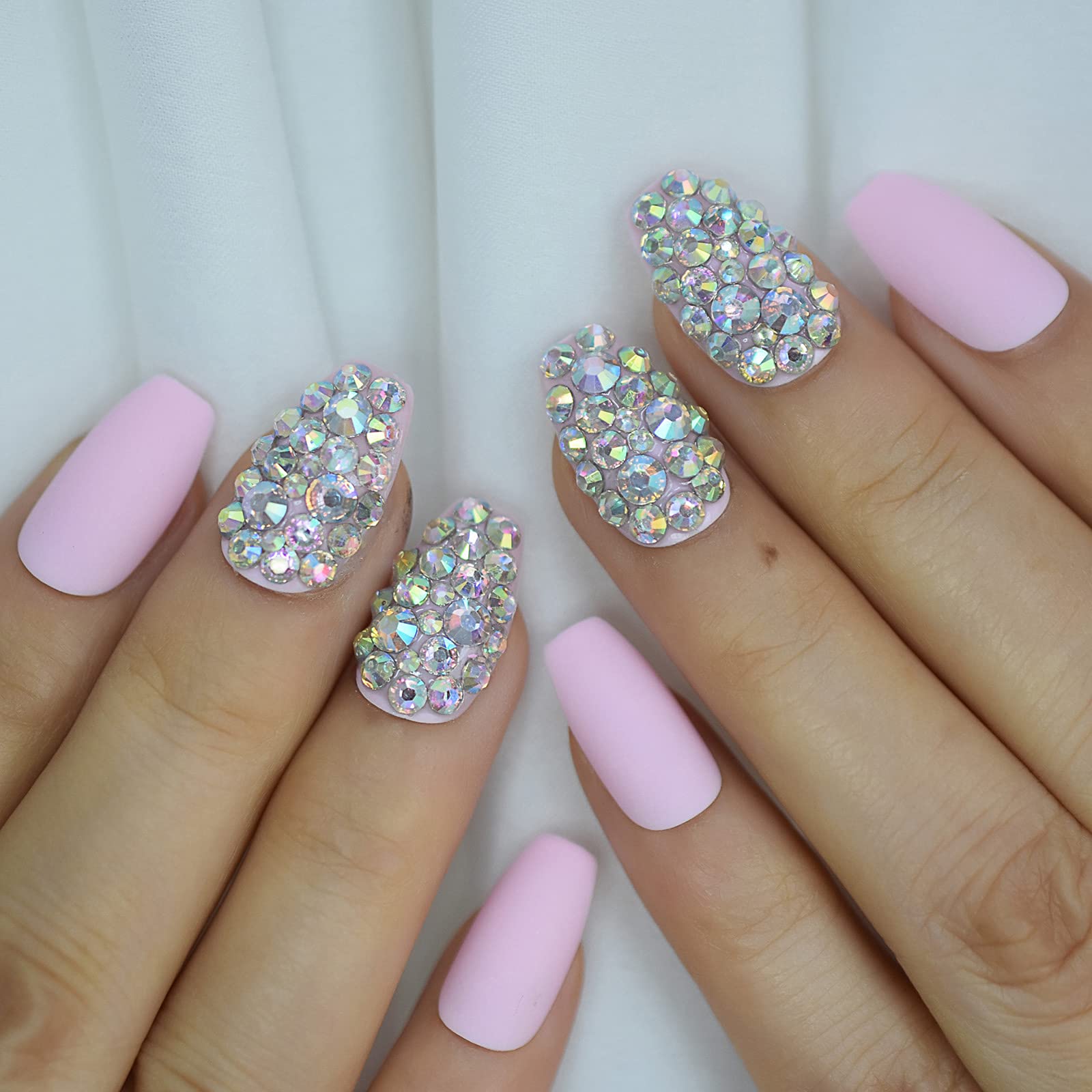 Amazon.com: Full Cover Pink Fake Nails With Rhinestones 3D Bling Medium  Ballerina False Press On Coffin Nails Crystal Set Flat Head Acrylic Nail  Tips Kit 24pcs : Everything Else