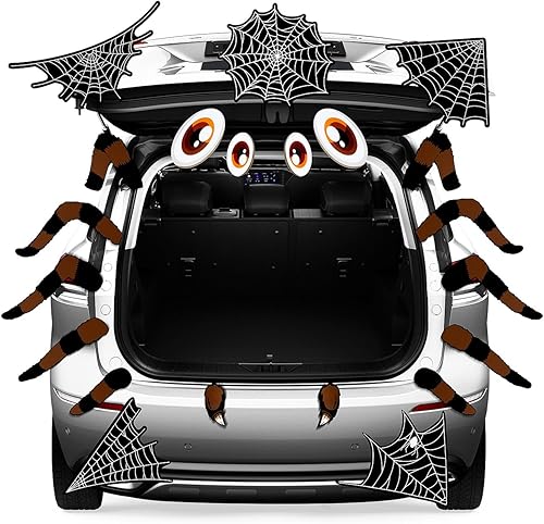 ANZOME Decoración de cara de monstruo para maletero de automóvil, decoración de arco de araña de Halloween con ojos grandes, colmillos, piernas,