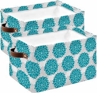 Turquoise Dahlia Storage Bins Cubes Waterproof Cloth Storage Basket,Country Gray Abstract Floral Flowers Storage Bags for Shelf Closet Clothes Storage Organizers with Handles 15x11x9.5 in 2PCS