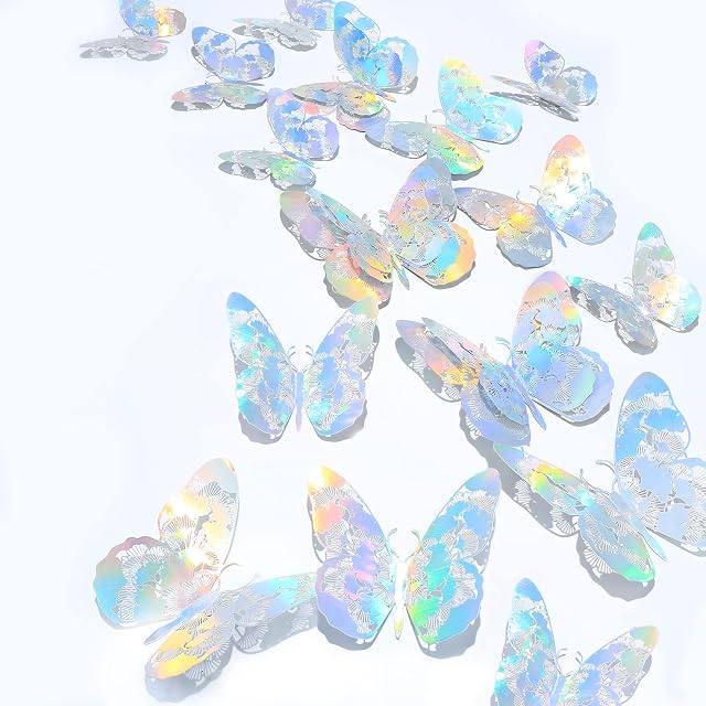 3D Butterfly Decorations Holographic Silver Butterfly Wall Decor Stickers Party, 24 Pcs Butterfly Stickers Butterflies Iridescent Decals Cake Decor for Kids Baby Bedroom Decor Decor (Dazzle)