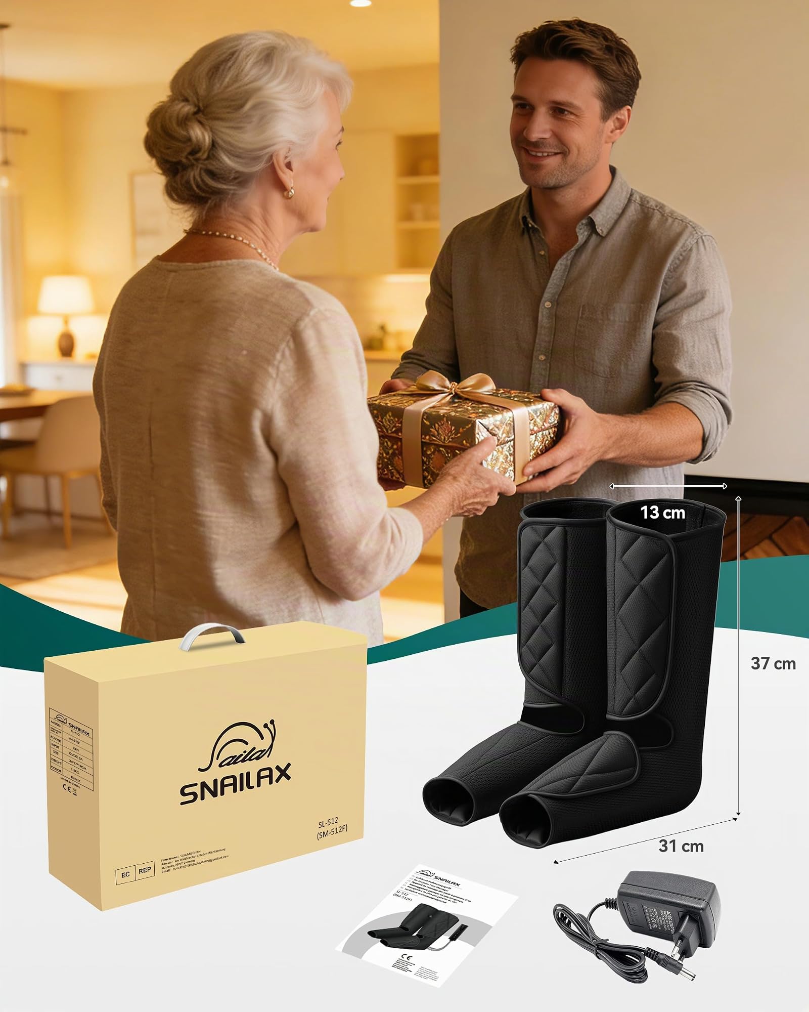 Snailax Beinmassagegerät mit Wärme- und Kompressionsfunktion, Waden- und Fußmassagegerät mit 3 Modi und 3 Intensitätsstufen, Kompressionsmassagegerät mit Handsteuerung, Geschenk
