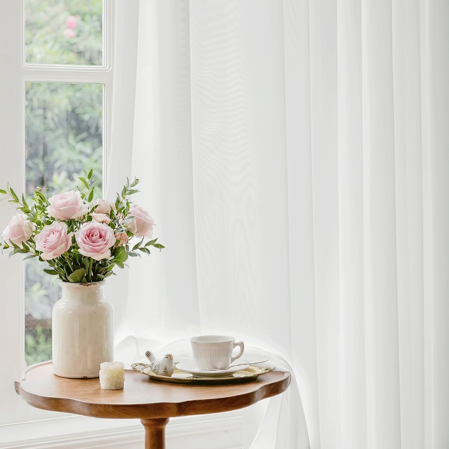 Beauoop Soft White Semi Sheer Curtains 96 Inches Long 2 Panels for Living Room Bedroom Faux Silk Light Filtering Non-See-Through Privacy Airy Rod Pocket Voile Window Treatment Drapes, 52x96 Set of 2