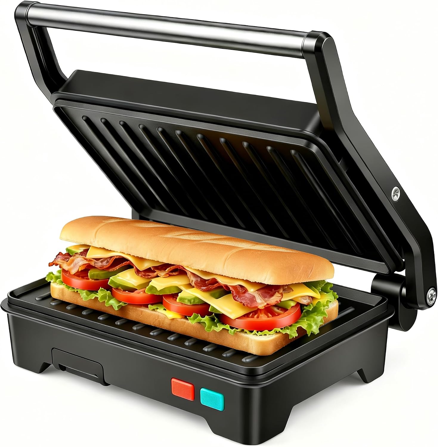 Panini Press Grill, Sandwich Maker with Non-Stick Coated Plates & Removable Drip Tray, 3-in-1 Electric Sandwich Press Opens 180° Flat, Stainless Steel Exterior with Overheat Protection,1000W, Black