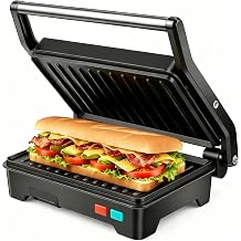 Panini Press Grill, Sandwich Maker with Non-Stick Coated Plates & Removable Drip Tray, 3-in-1 Electric Sandwich Press Opens 180 Flat, Stainless Steel Exterior with Overheat Protection,1000W, Black