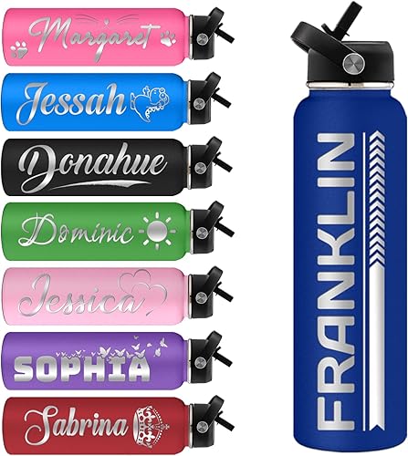 Miniatura 2 de Botellas de agua personalizadas de acero inoxidable con tapa de pajilla, botella de agua deportiva aislada de 24 onzas con nombre grabado para