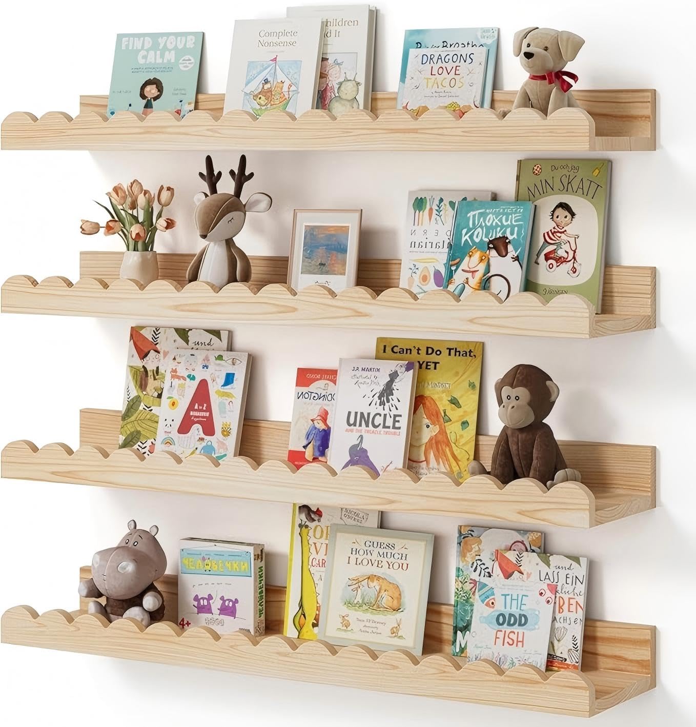 Nursery Book Shelves, 4-Pack Wood Floating Shelves for Wall Kids, Scalloped Shelves, Wall Book Shelves for Bedroom Kids, Toddler Room, Baby Room, Nursery Decor (Wood, 23 Inches) (wood color, 58cm)