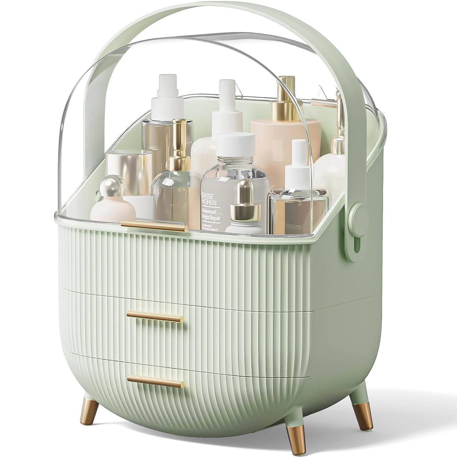 Kousee Makeup Storage Organizer，Large Cosmetics Display Case with 2-Layer Storage Box and Transparent Cover, Bedroom Vanity Desk (Mint Green)