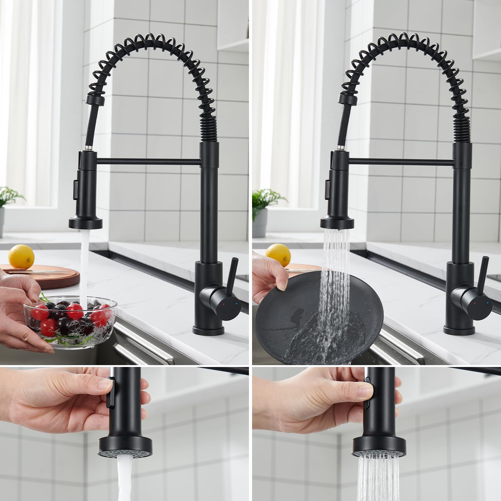 Küchenarmatur Ausziehbar ohne Wasserzulaufschlauch, Wasserhahn Küche Schwarz mit 2 Strahlarten Brause, Mischbatterie Küche Hochdruck, Edelstahl Armatur Küche 360° Schwenkbar Spültischarmatur