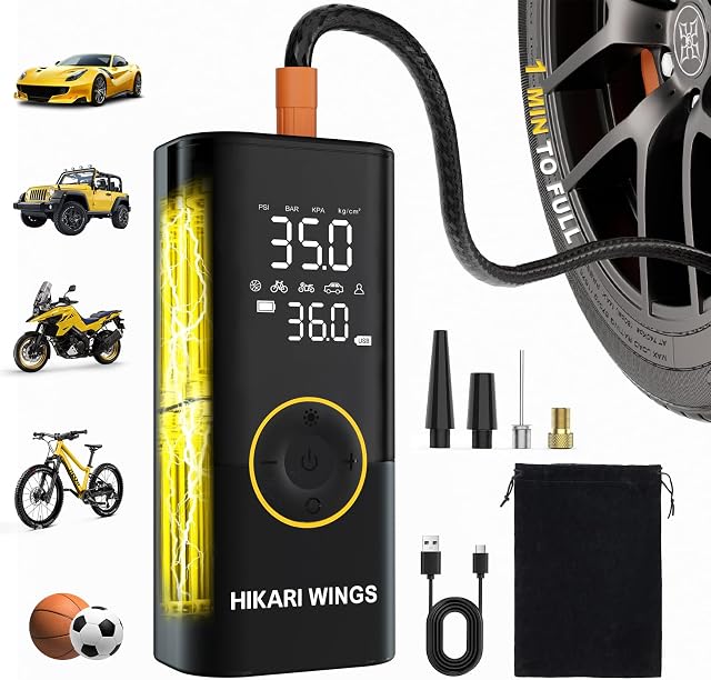 Hikari 6X Faster Portable Tire Inflator, 1 MIN to Full, 20000mAh Battery, 150PSI Cordless Air Compressor Pump with Digital Pressure Gauge, Extended Hose, LED Light for Car Bike Motorcycle Balls