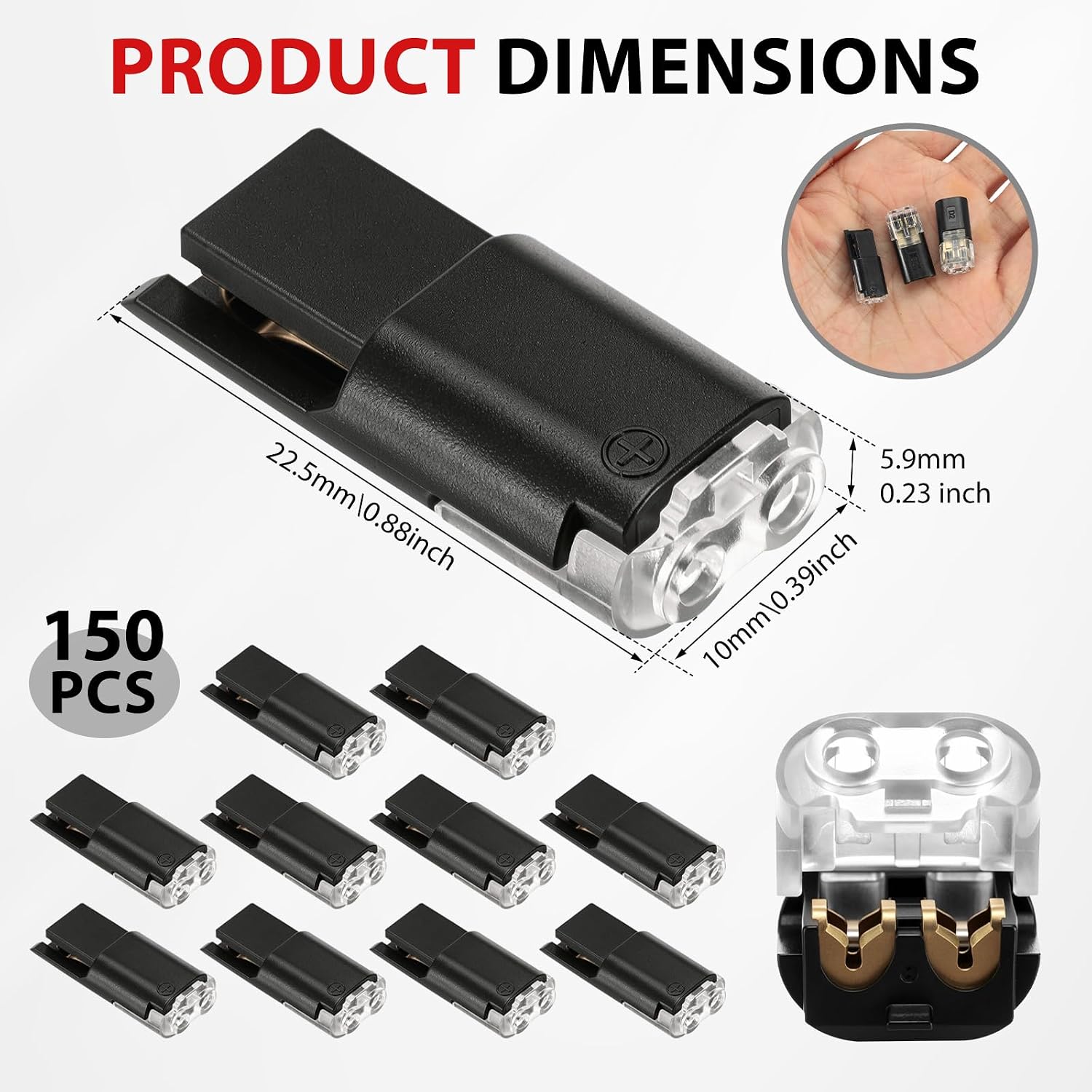 150Pcs Double Wire Plug in Connector with Locking Buckle, ±0.2mm Precision Quick Connect No Stripping Push-in Electrical Wire Connectors for LED Light, Low Voltage, Landscape (18-22 AWG)