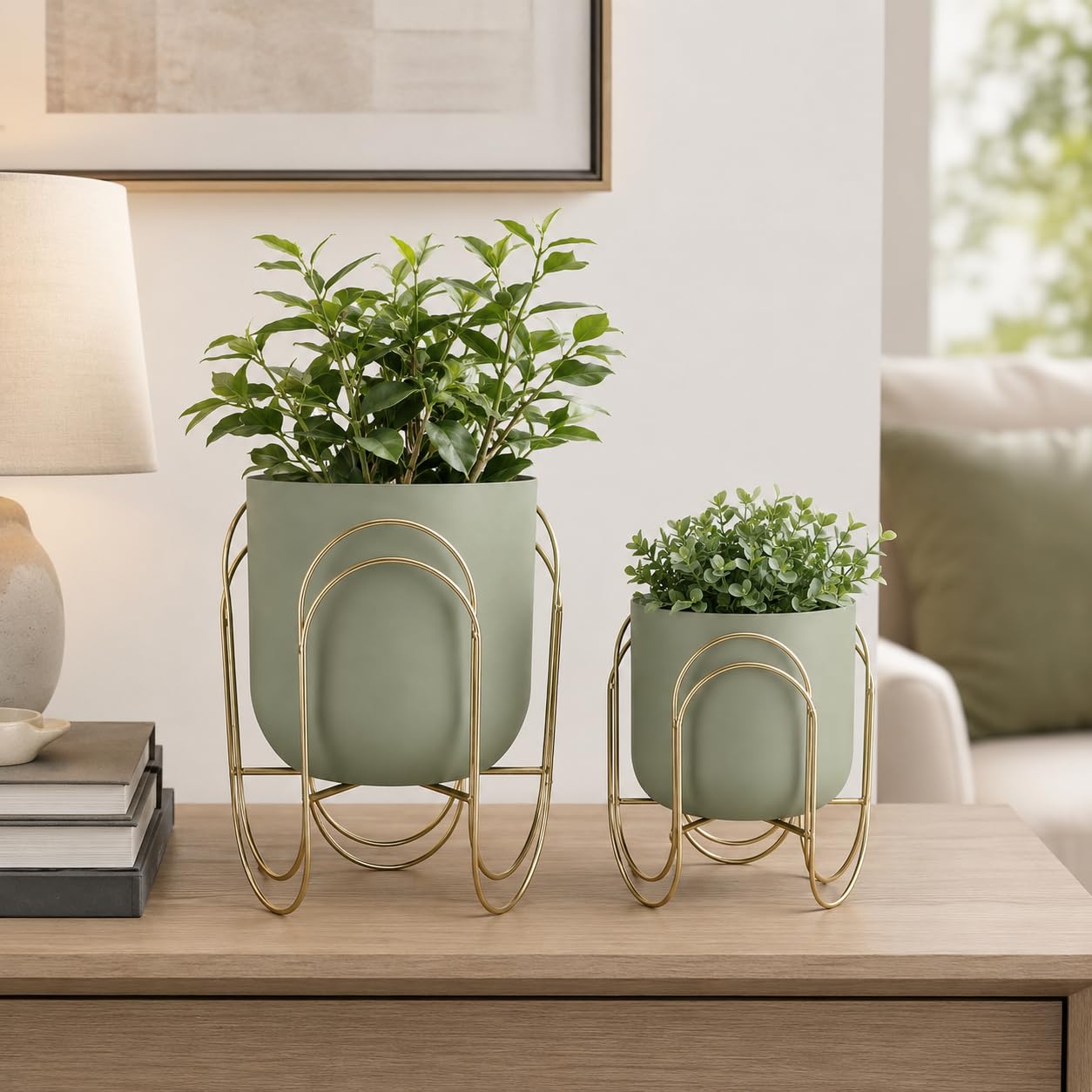 JHY DESIGN Set di 2 piccole fioriere in metallo con supporti, 29 cm e 20 cm, vasi da fiori verdi da interno, da tavolo, per piante grasse, erbe, mensole, davanzali, scrivania, cucina e soggiorno