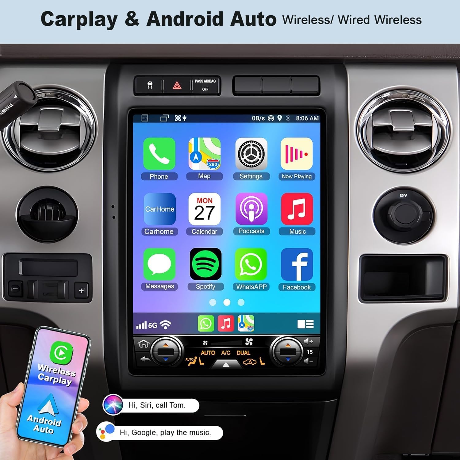 for Ford F150 2009 2010 2011 2012 Android 14 Car Stereo 8-core, 12.1 Inch IPS Touch Screen Car Radio with Wireless Carplay/Android Auto,GPS, WiFi, Bluetooth, FM, DVR