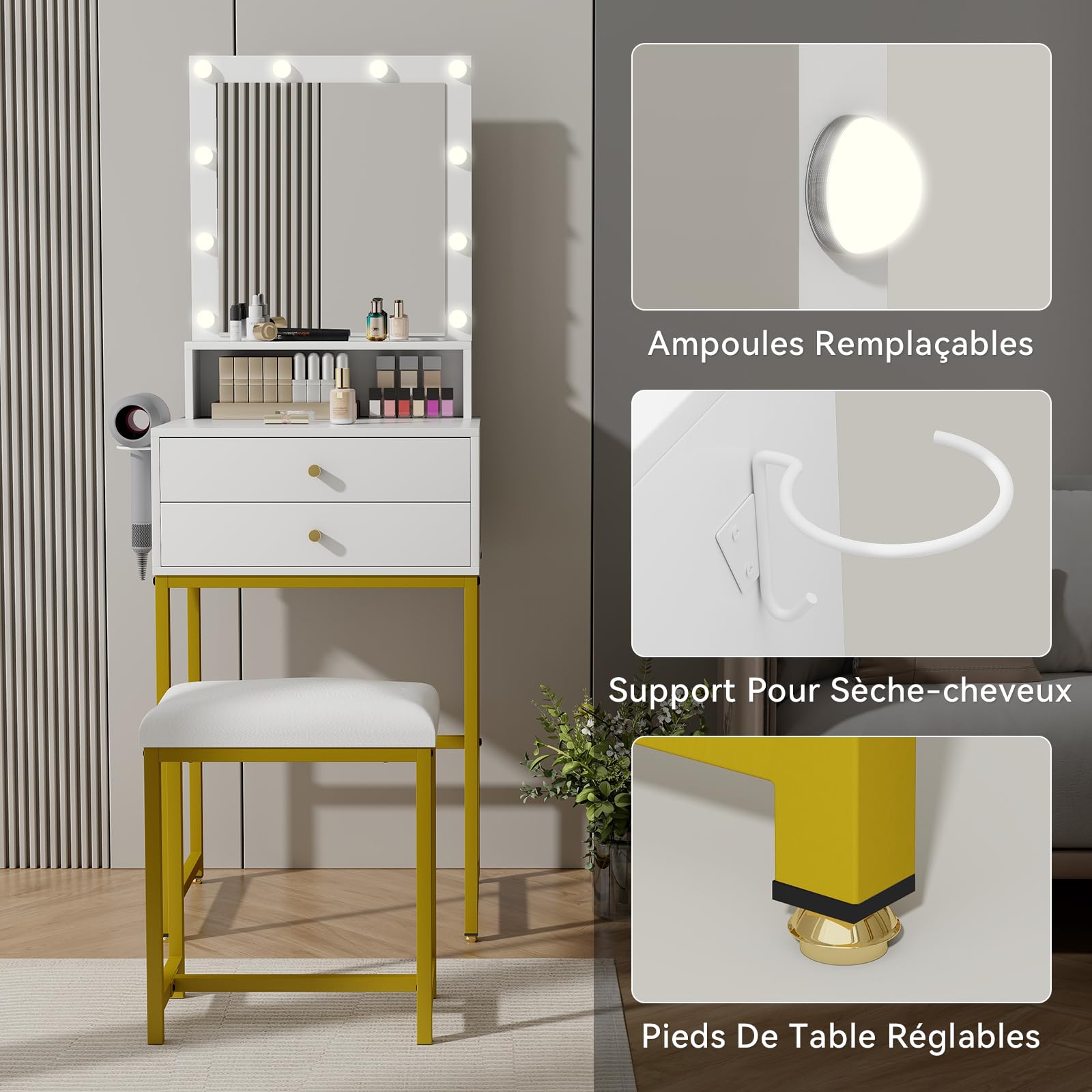 YU YUSING Petite Coiffeuse Miroir Hollywood LED, Table Maquillage Doré