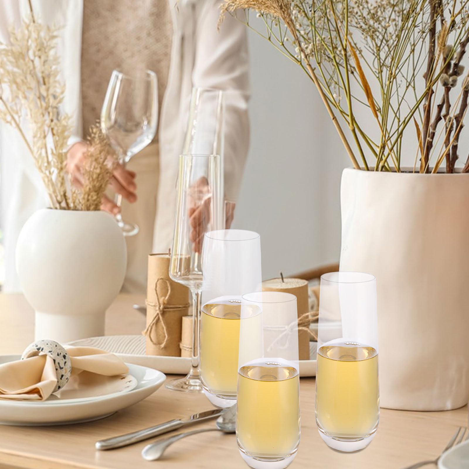 Set di 6 flute da champagne, 280 ml, in cristallo senza stelo, calici da champagne trasparenti, calici da prosecco, calici da vino senza stelo per giardino, matrimoni, compleanni, feste,