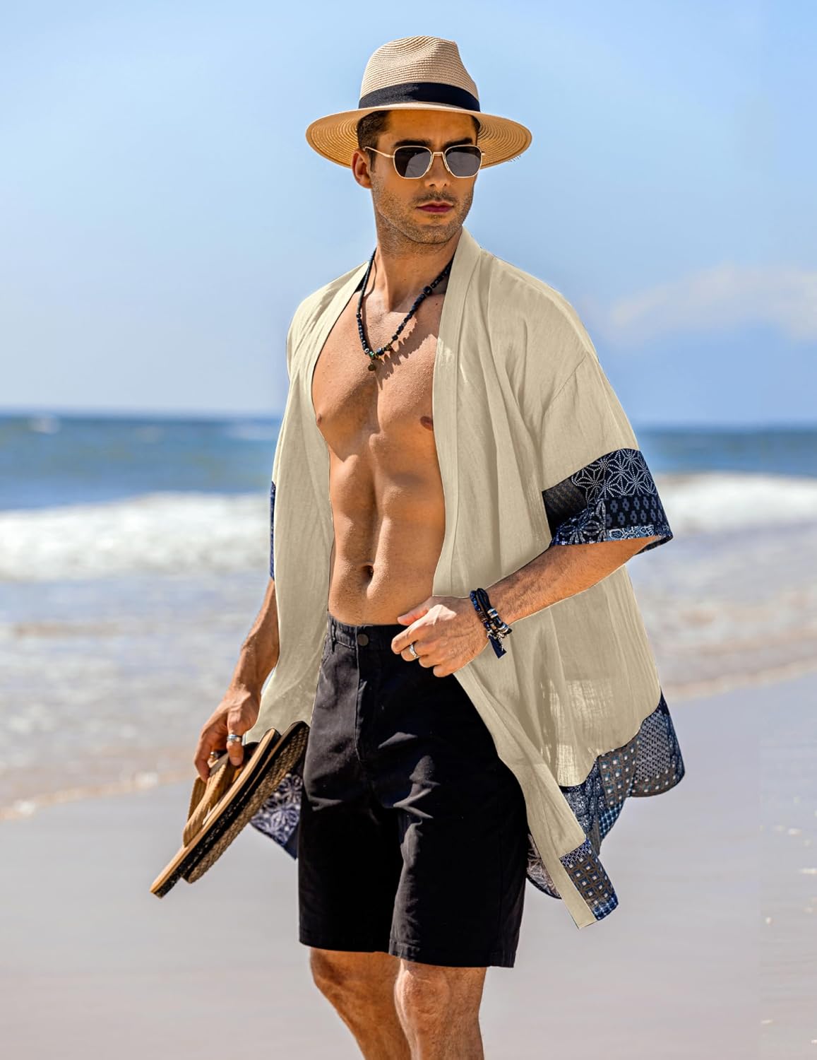 COOFANDY Men's Ruffle Shawl Collar Lightweight Cardigan Long Kimono Jackets Open Front Drape Cape Coat - Image 4